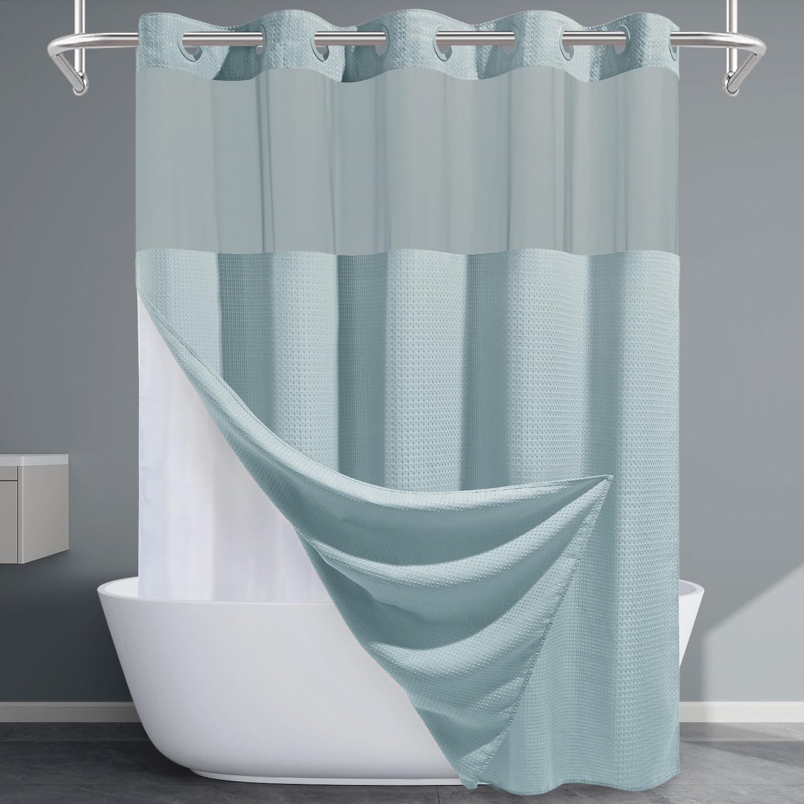 EUTXL Fog Blue no-hook shower curtain full-view adds privacy and modern style to your bathroom.