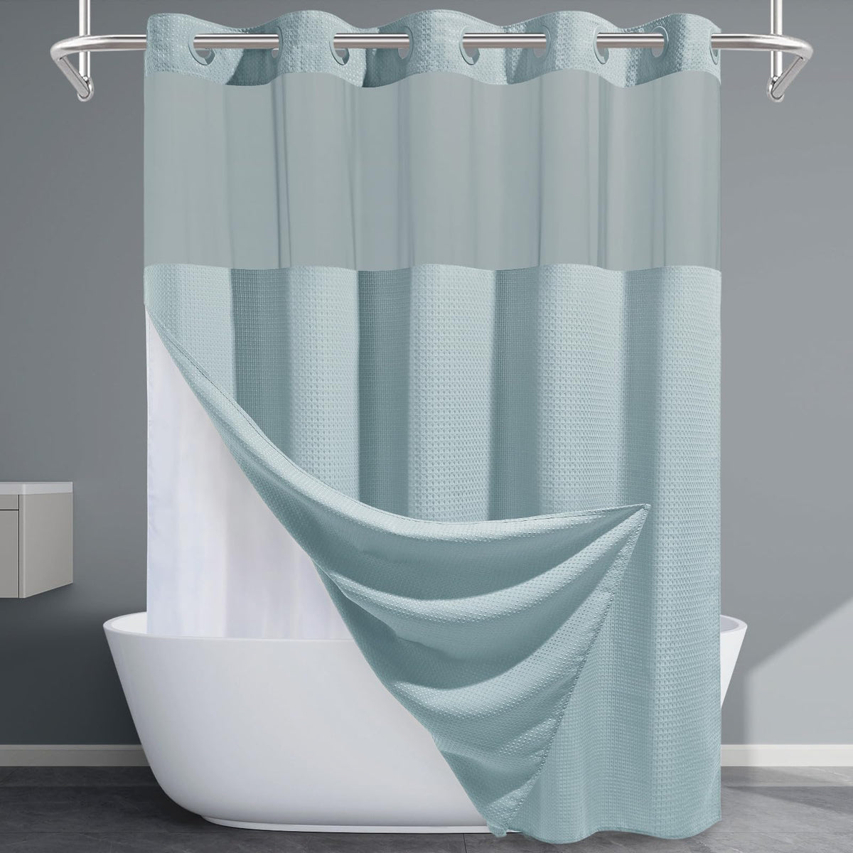 EUTXL Fog Blue no-hook shower curtain full-view adds privacy and modern style to your bathroom.