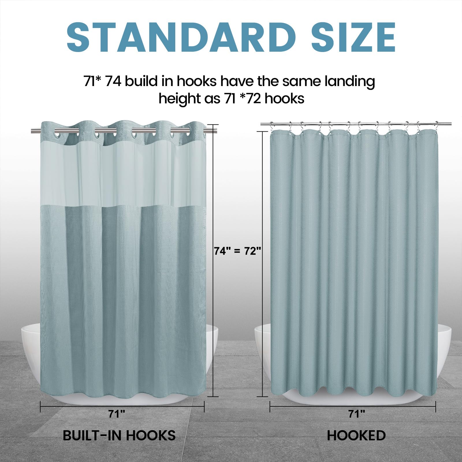 EUTXL Fog Blue no-hook shower curtain suited for hotels, dorms, and homes.