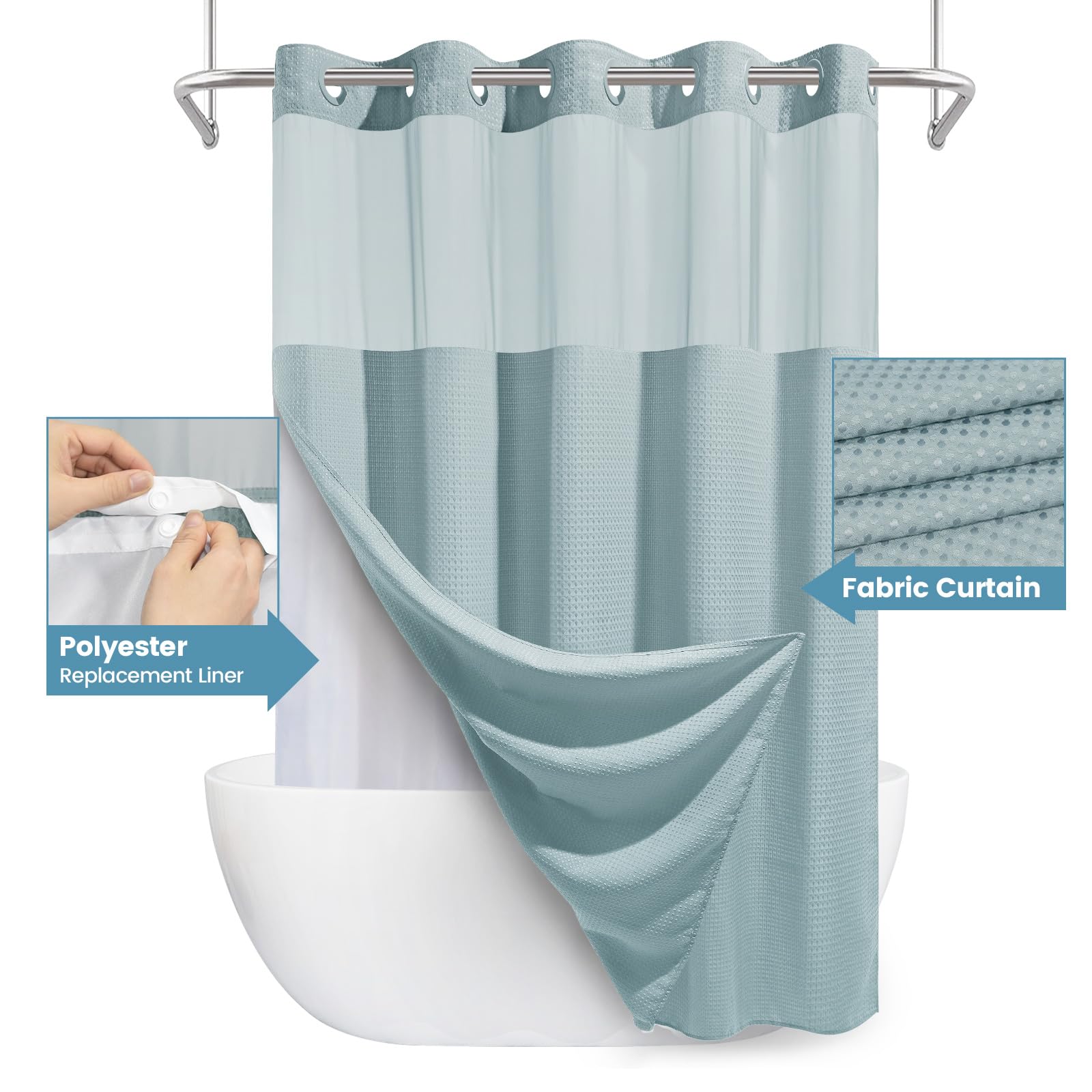 EUTXL Fog Blue no-hook shower curtain with see-through mesh panel for light and privacy.