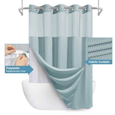 EUTXL Fog Blue no-hook shower curtain with see-through mesh panel for light and privacy.