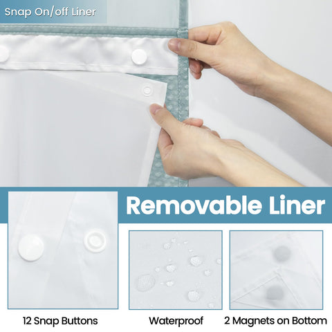 EUTXL Fog Blue no-hook shower curtain with snap-in liner for quick setup and cleaning.
