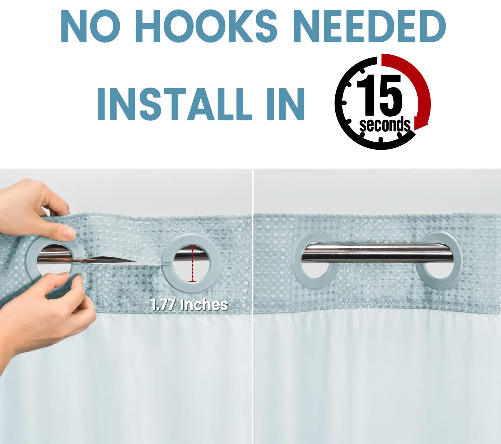 EUTXL Fog Blue no-hook shower curtain showing split rings for easy hanging.
