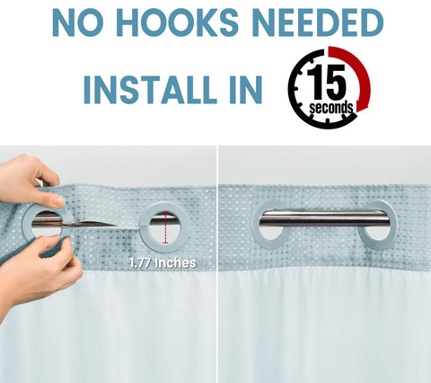 EUTXL Fog Blue no-hook shower curtain showing split rings for easy hanging.