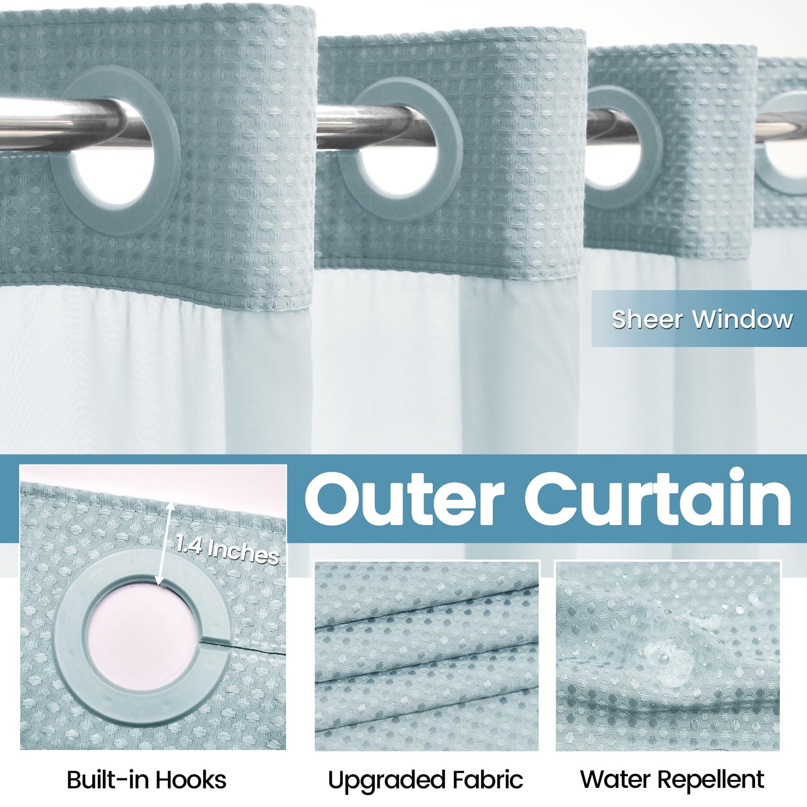 EUTXL Fog Blue no-hook shower curtain weighted hem keeps it steady during showers.