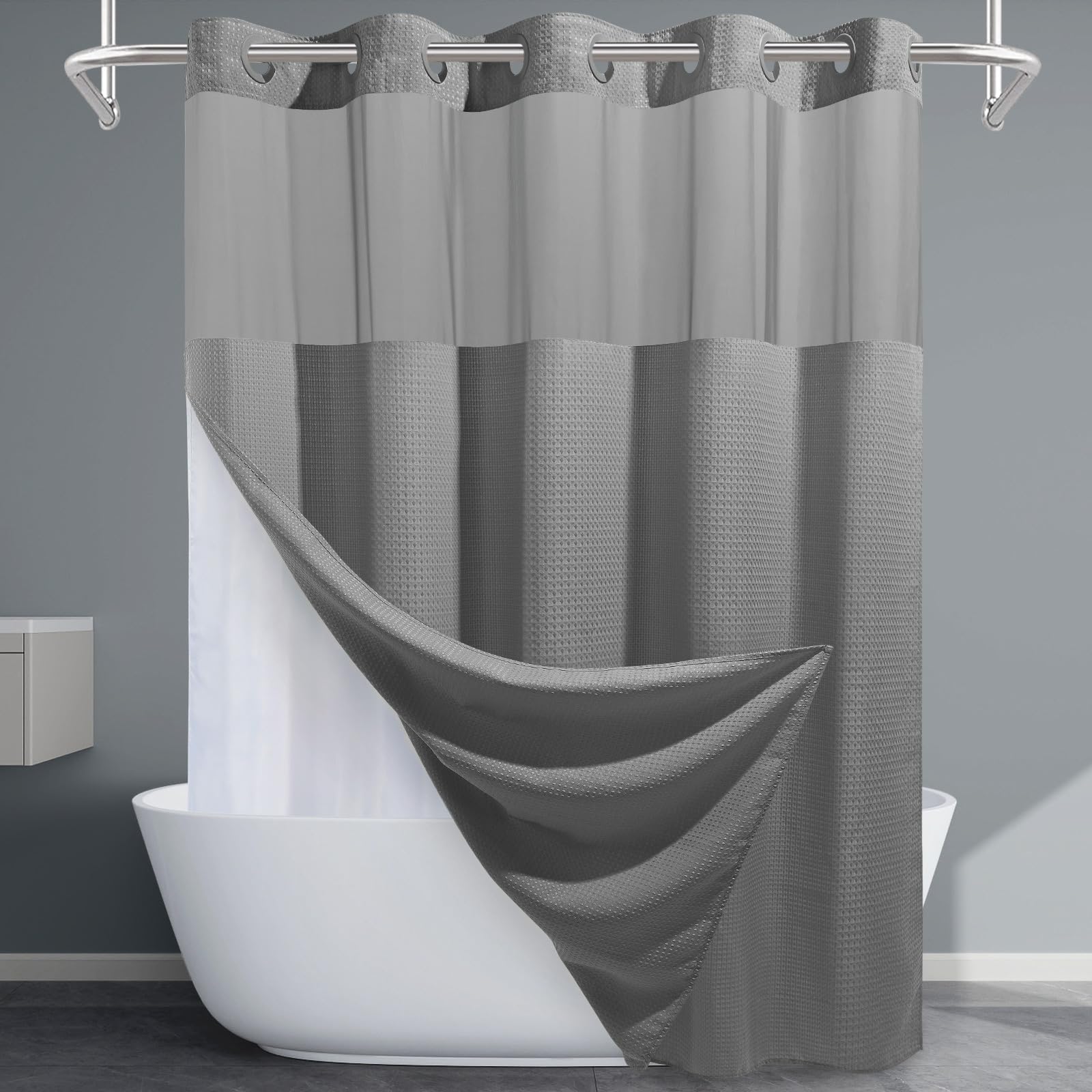 EUTXL long no-hook shower curtain with waffle weave and privacy window for a bright, private shower