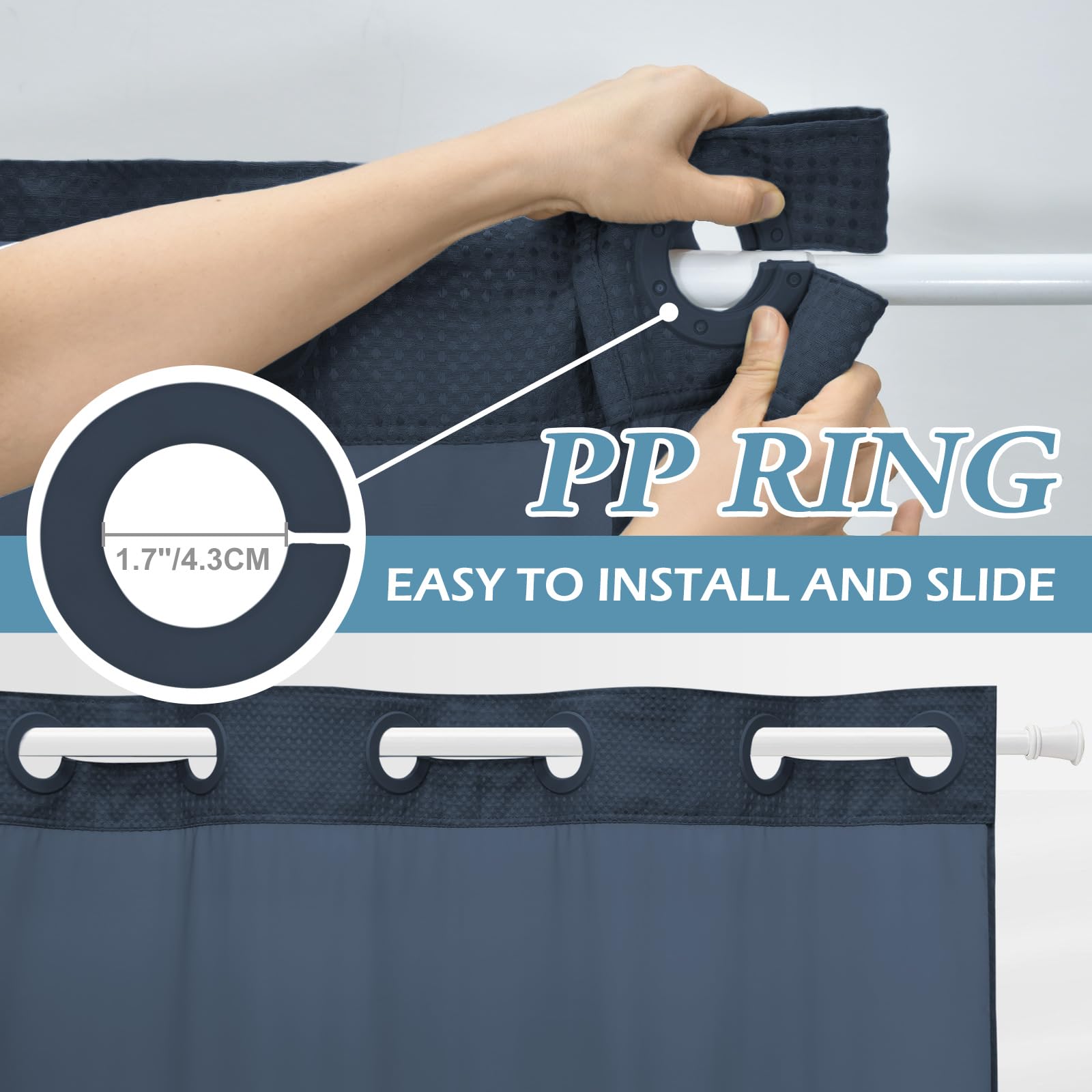 Weighted hem on EUTXL curtain helps resist curtain movement during showers