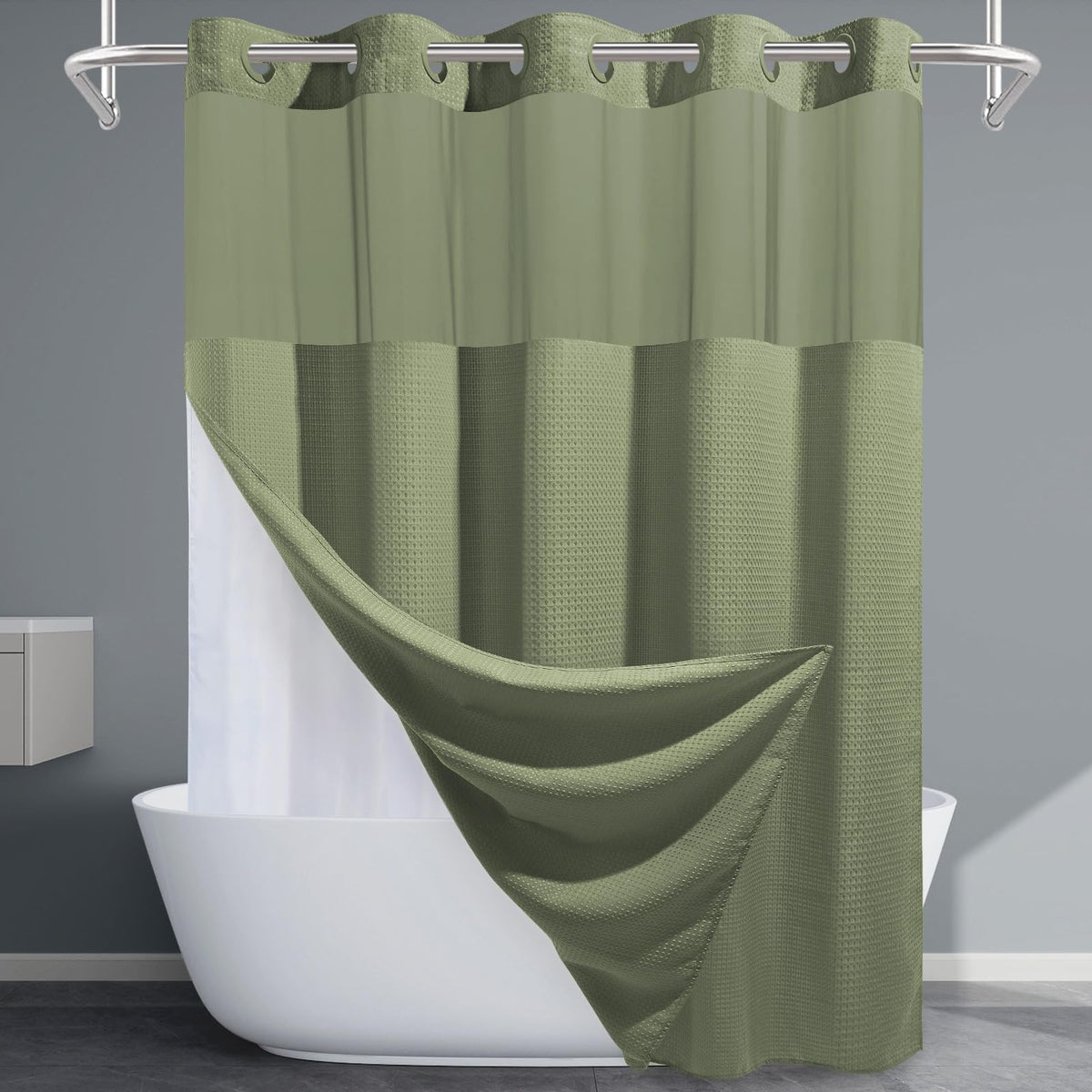 EUTXL Sage Green shower curtain with waffle texture for a spa-like bathroom