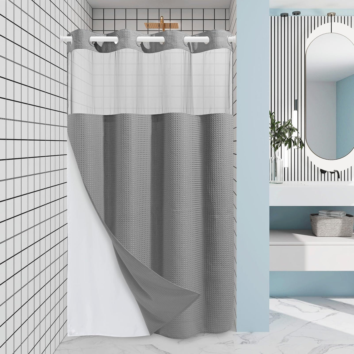 EUTXL stall shower curtain with waffle weave texture for premium look and quick-drying performance.