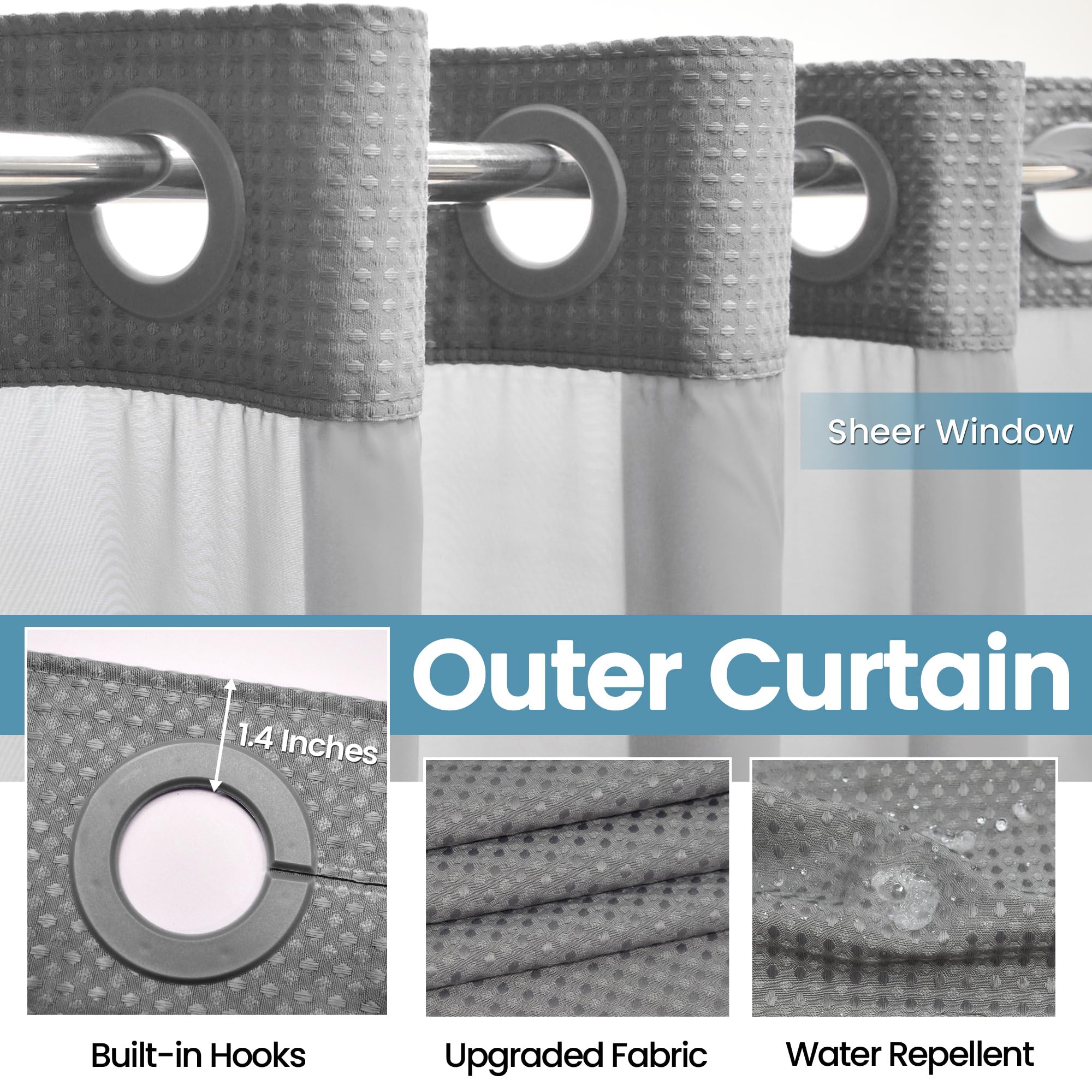 EUTXL stall curtain weighted hem prevents curtain billowing during showers.