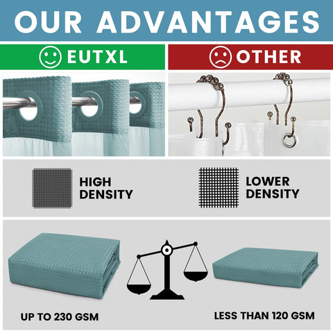 EUTXL Teal shower curtain with snap-in liner close-up for quick setup