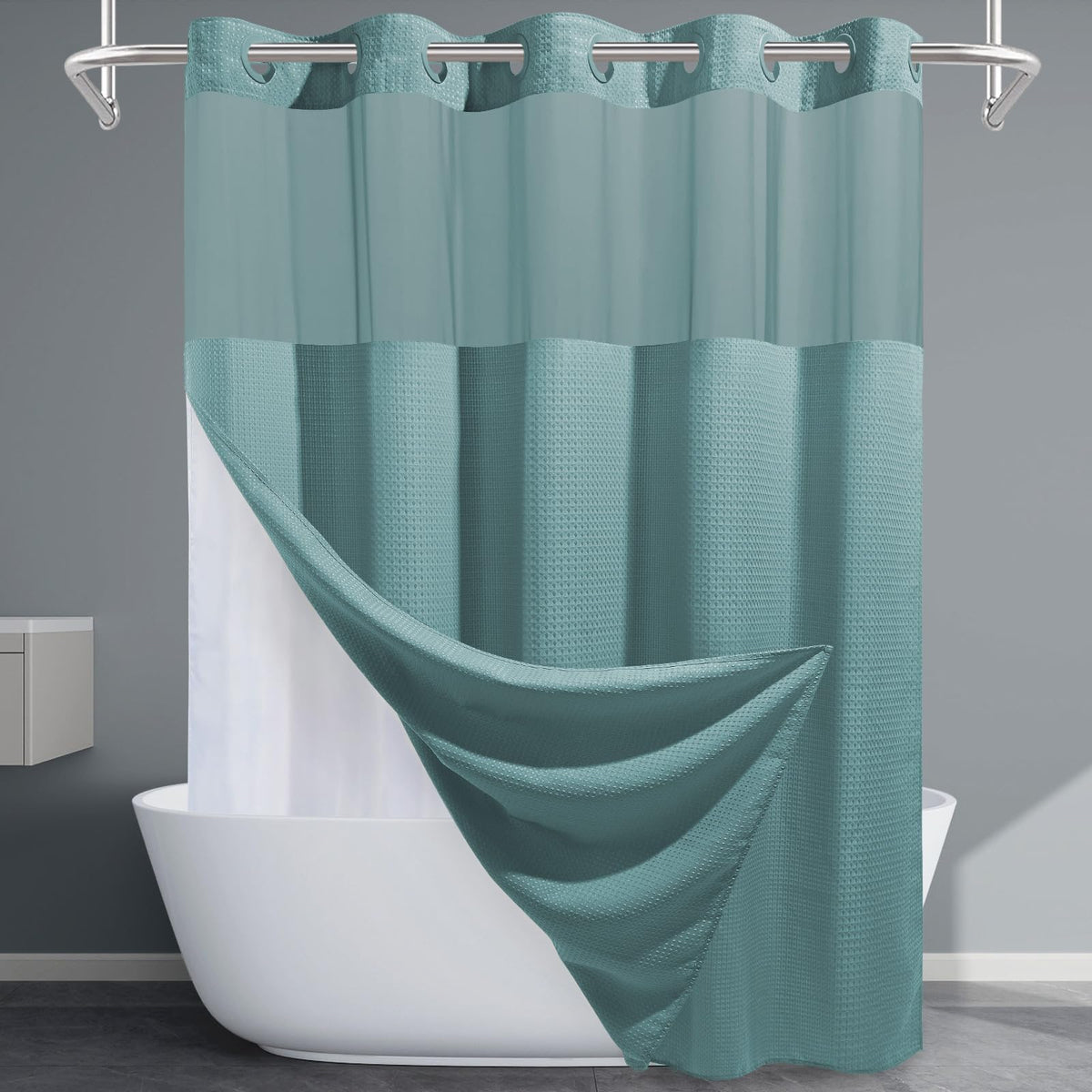 EUTXL Teal no-hook shower curtain in standard 71x74 size for bathrooms