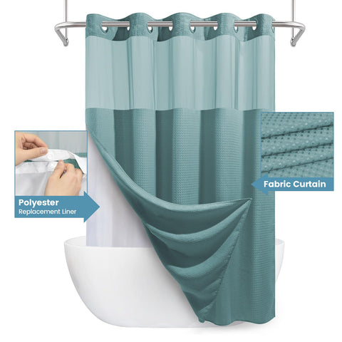 EUTXL Teal curtain with weighted hem to reduce movement during showers