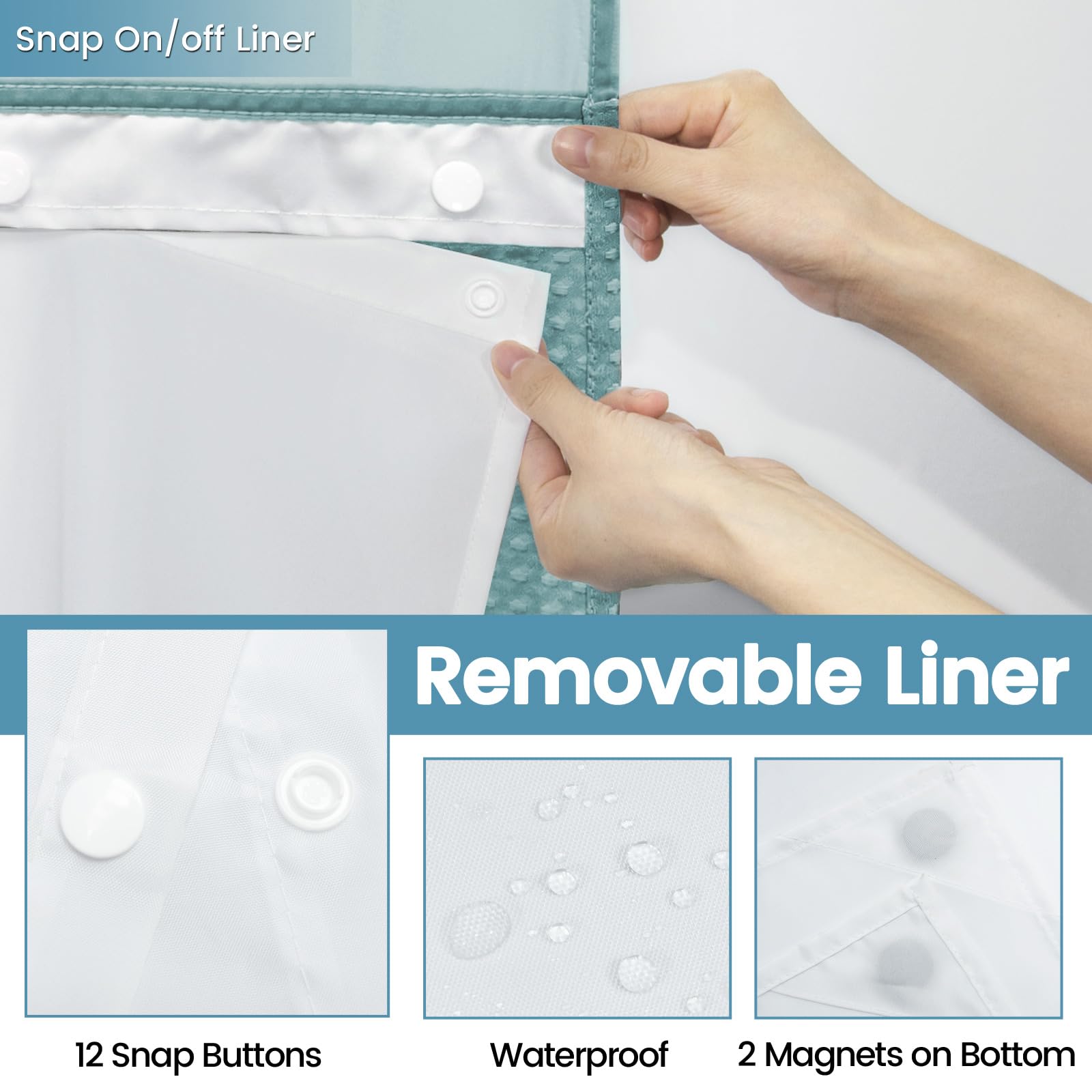 EUTXL Teal curtain demonstrates split rings for easy hanging