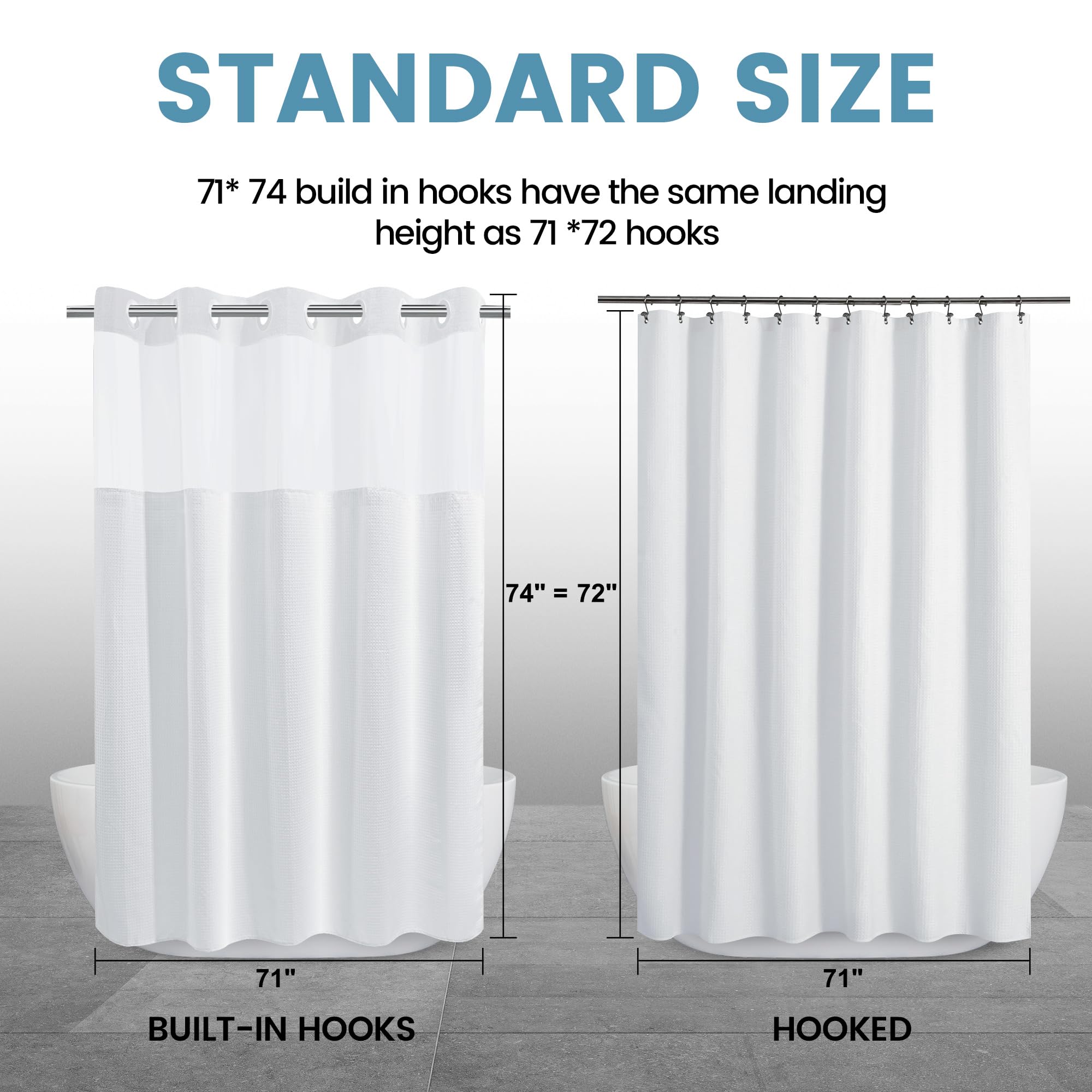 EUTXL weighted hem reduces billowing for a stable shower curtain.