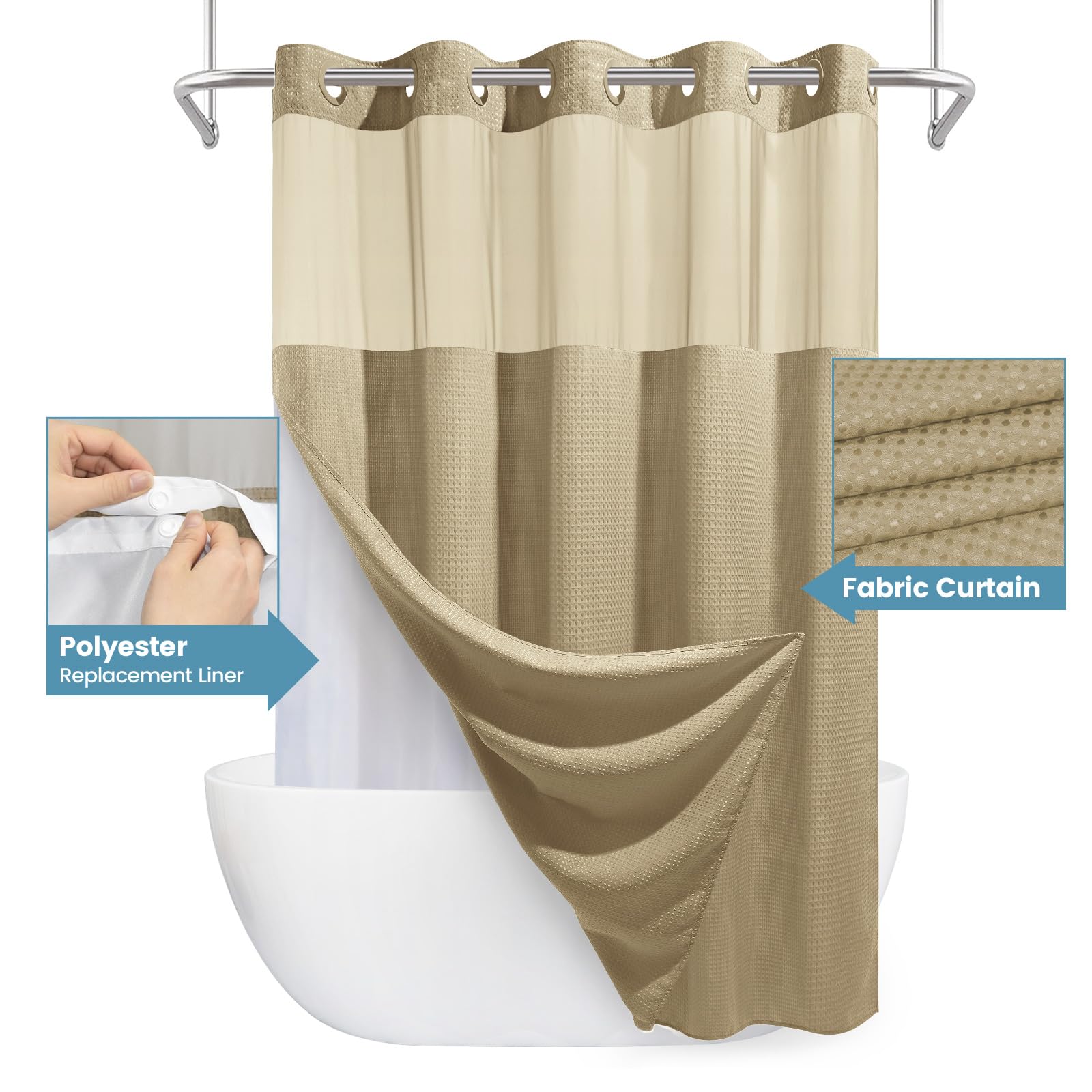 EUTXL weighted hem minimizes curtain billow during showers.