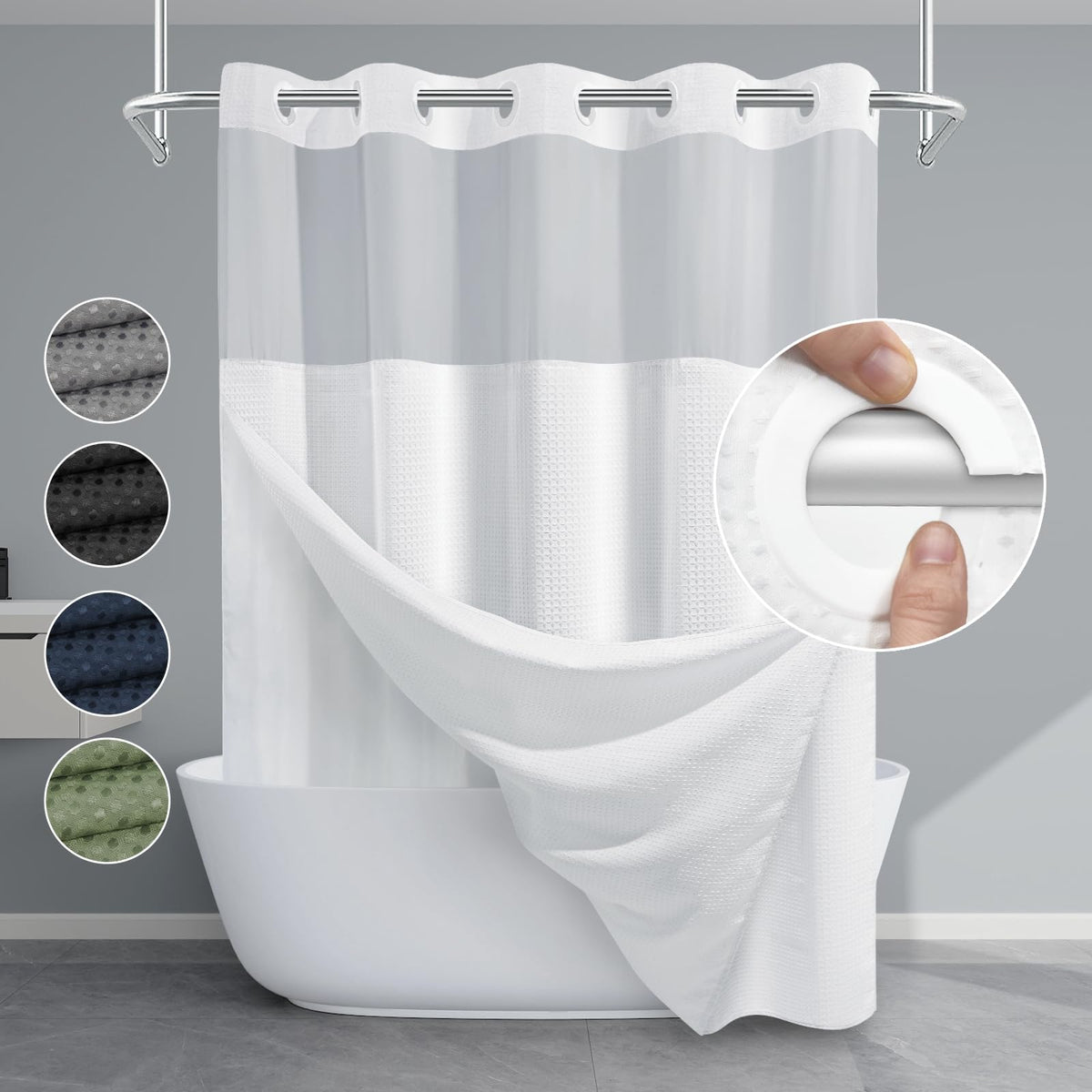 EUTXL white no-hook shower curtain with snap-in liner, spa-like elegance for any bathroom.
