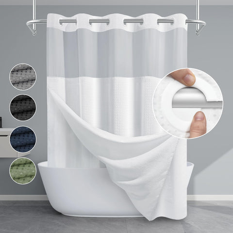 EUTXL white no-hook shower curtain with snap-in liner, spa-like elegance for any bathroom.