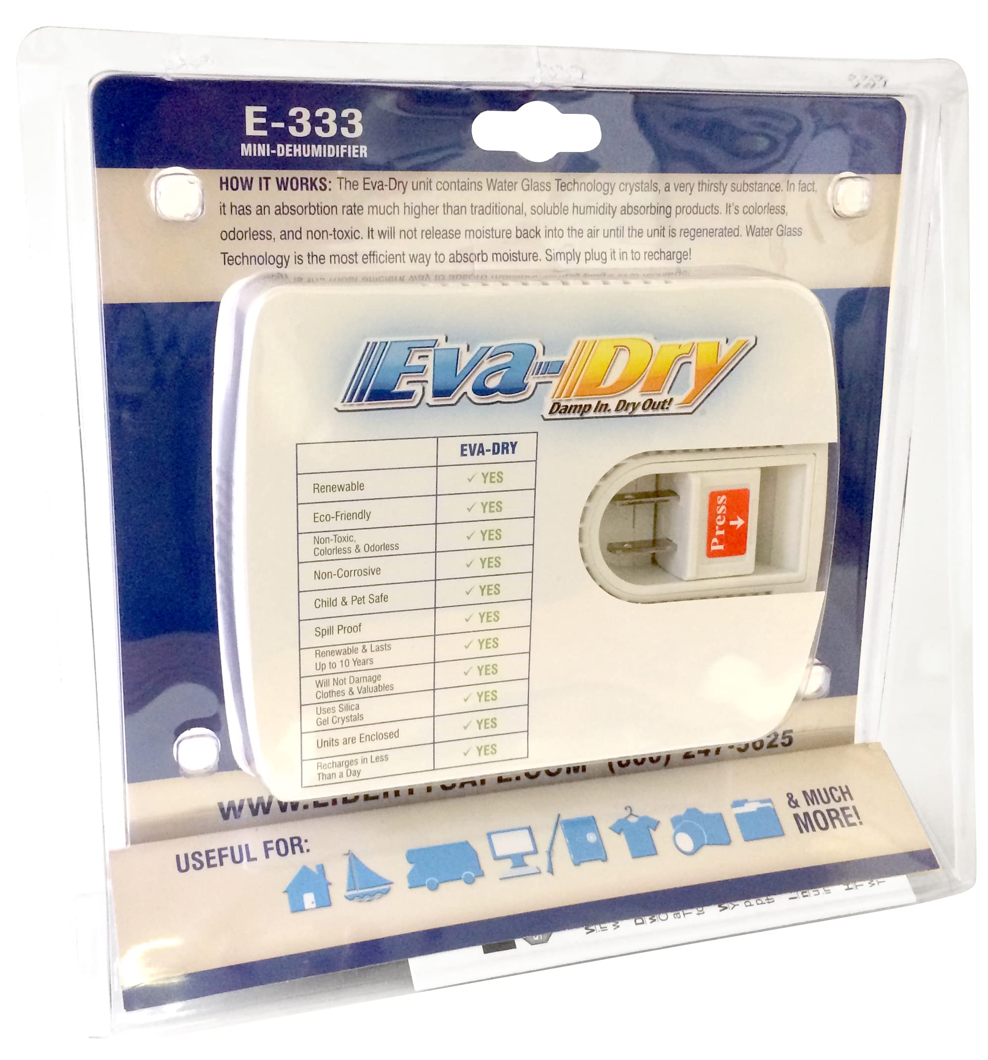 Eva-Dry dehumidifier compact design fits shelves and protects valuables.
