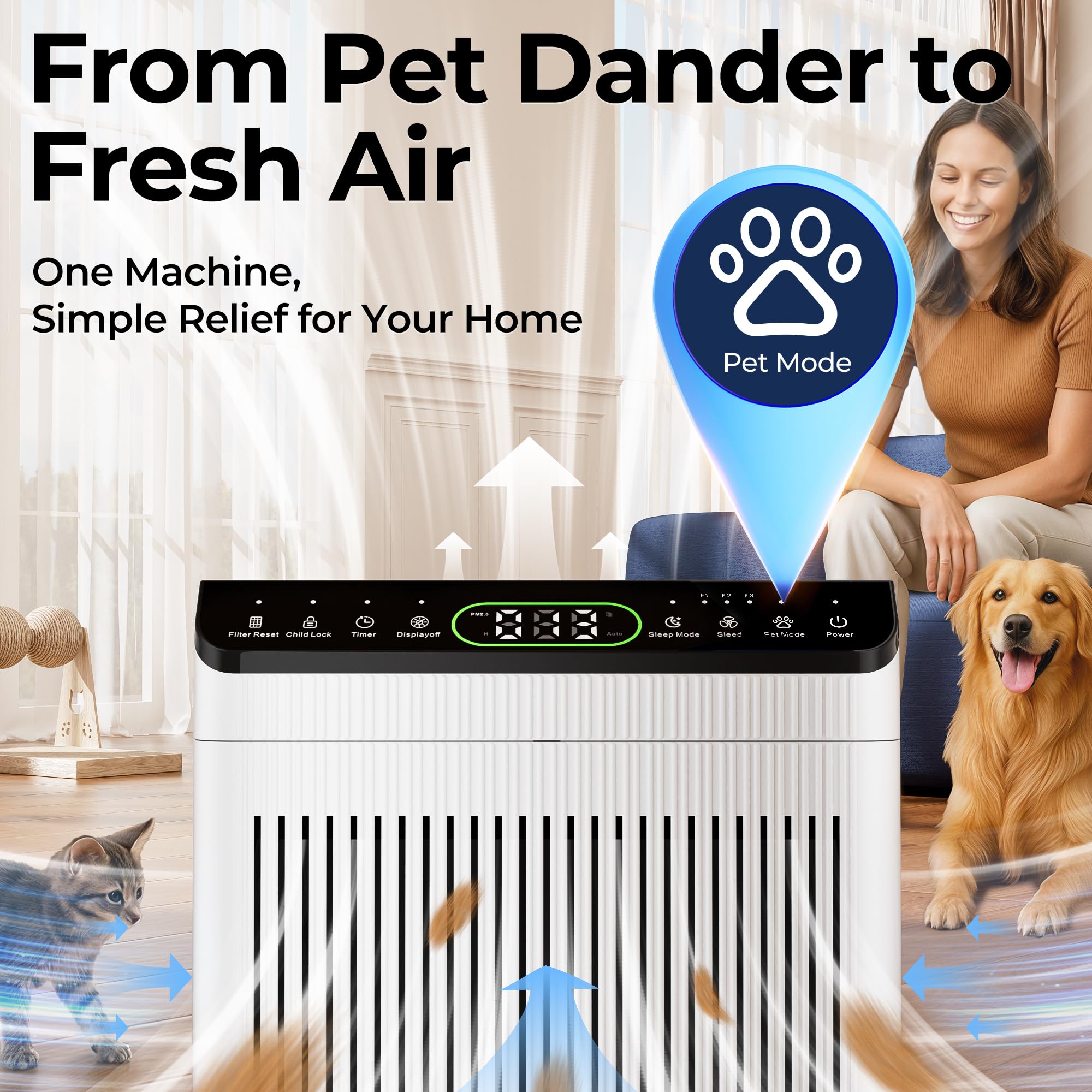 Evalit air purifier uses washable pre-filter to trap dust and hair.
