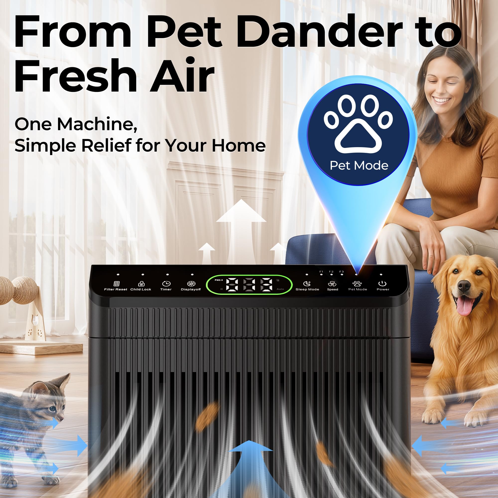 Evalit ET066 pet mode icon highlights pet-friendly purification.