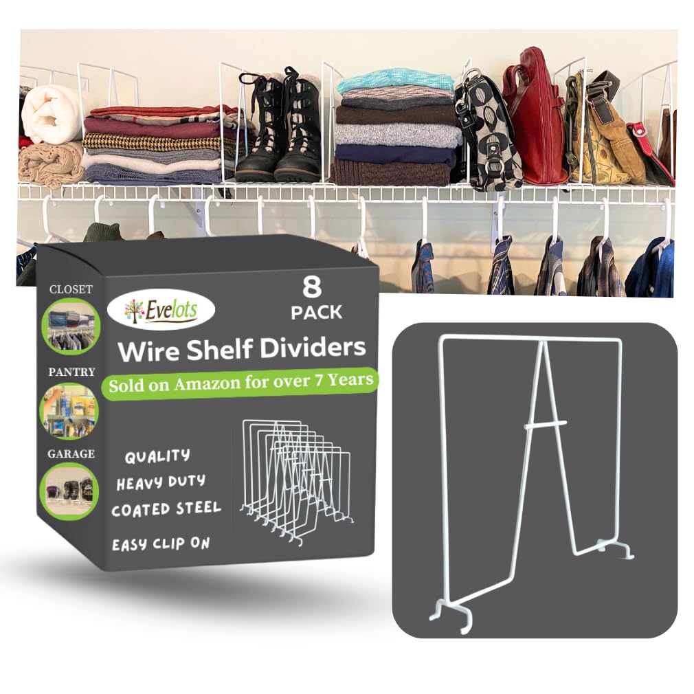 Evelots tall wire shelf dividers neatly separate items on closet shelves for easy access.
