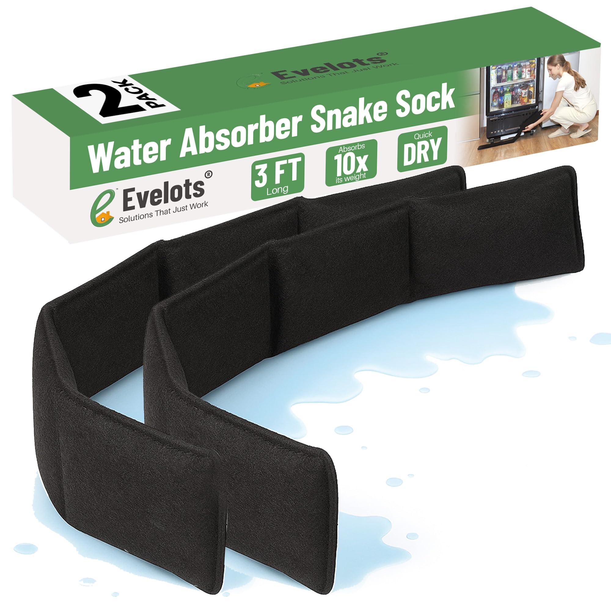 Evelots water absorber snake sock 2-pack ready for moisture control around doors and windows.