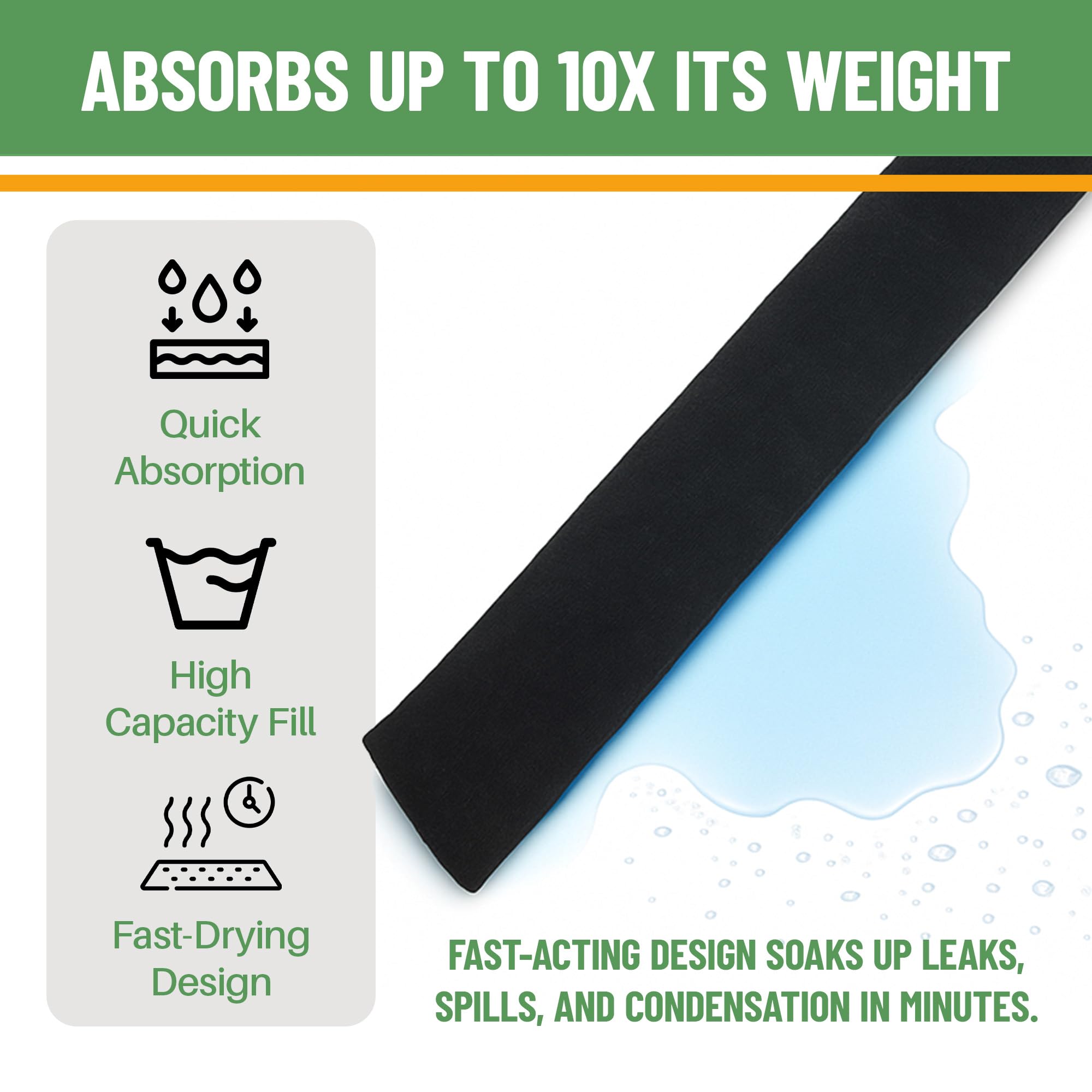 Evelots snake sock shows 10x absorption capacity for spills.