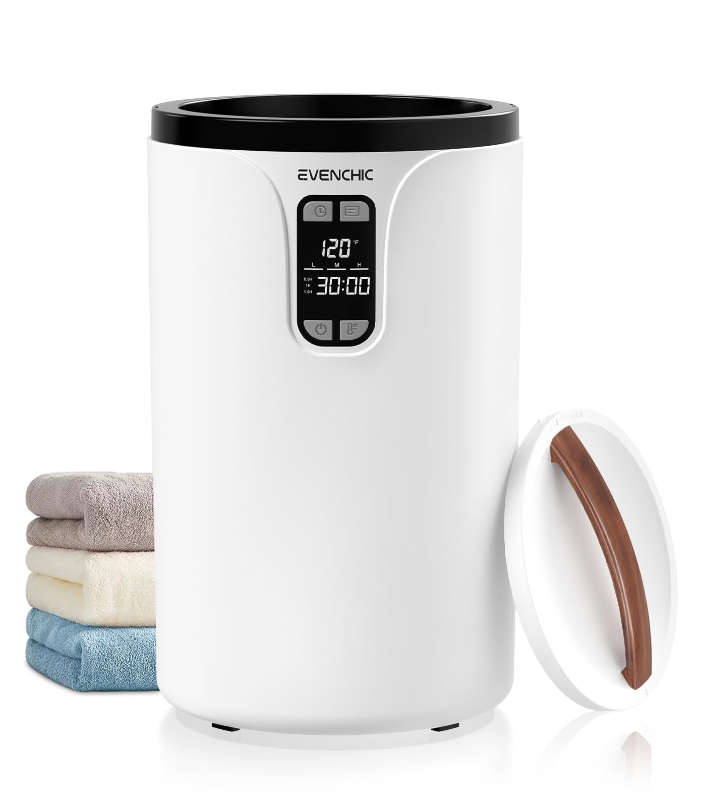 Evenchic towel warmer front view with LED display showing warm settings