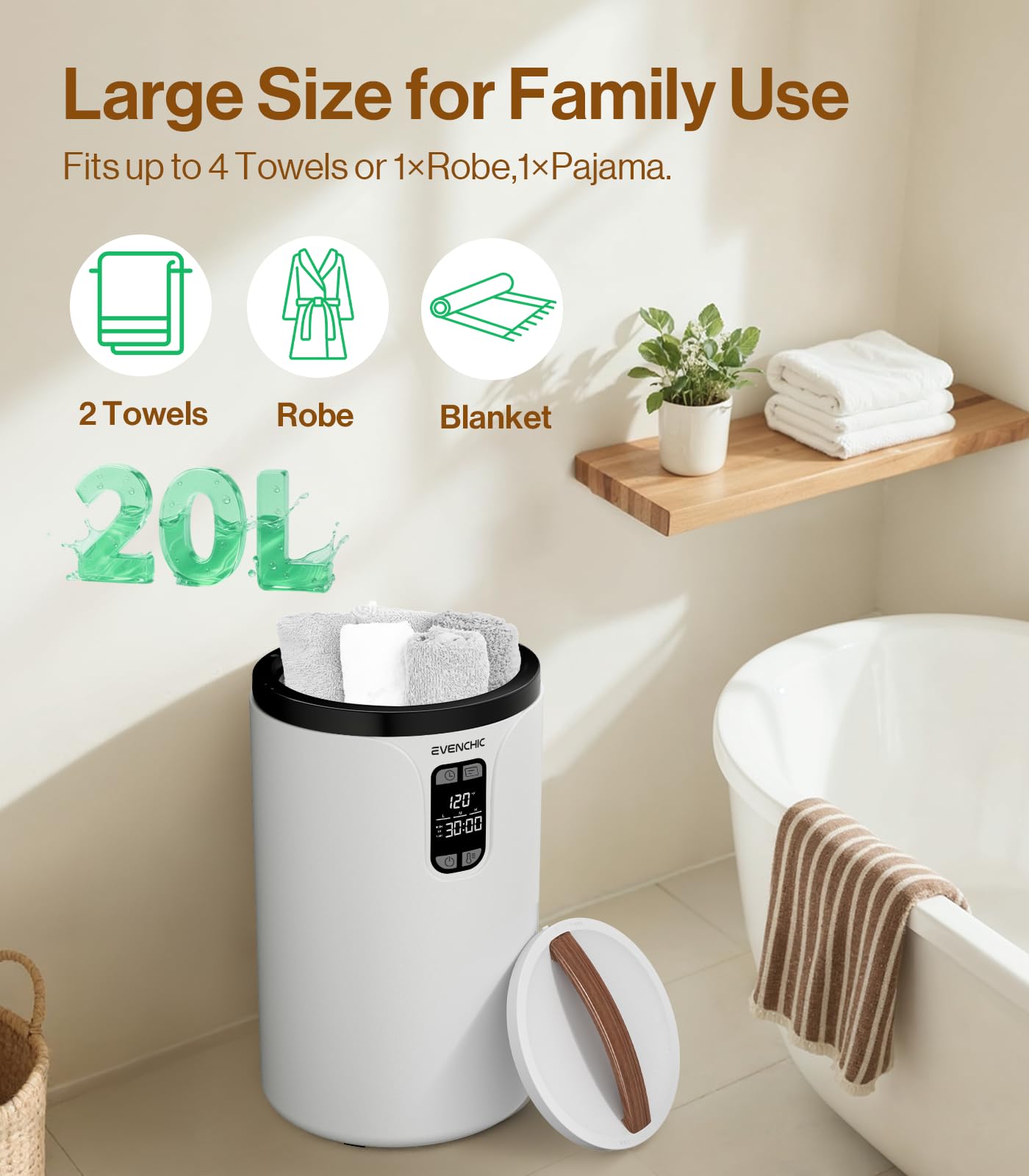 Evenchic towel warmer in use with towels warming after shower