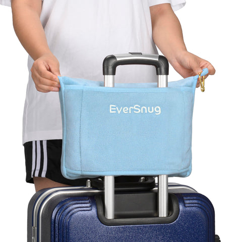 EverSnug travel blanket clipped to a backpack for hands-free comfort.