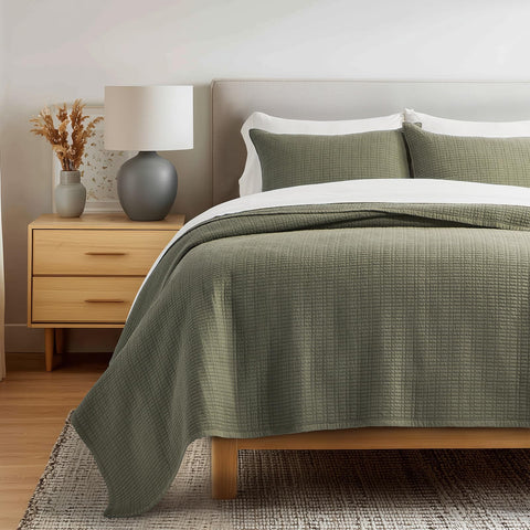 EverGrace olive green quilt grid stitch for breathable all-season comfort.