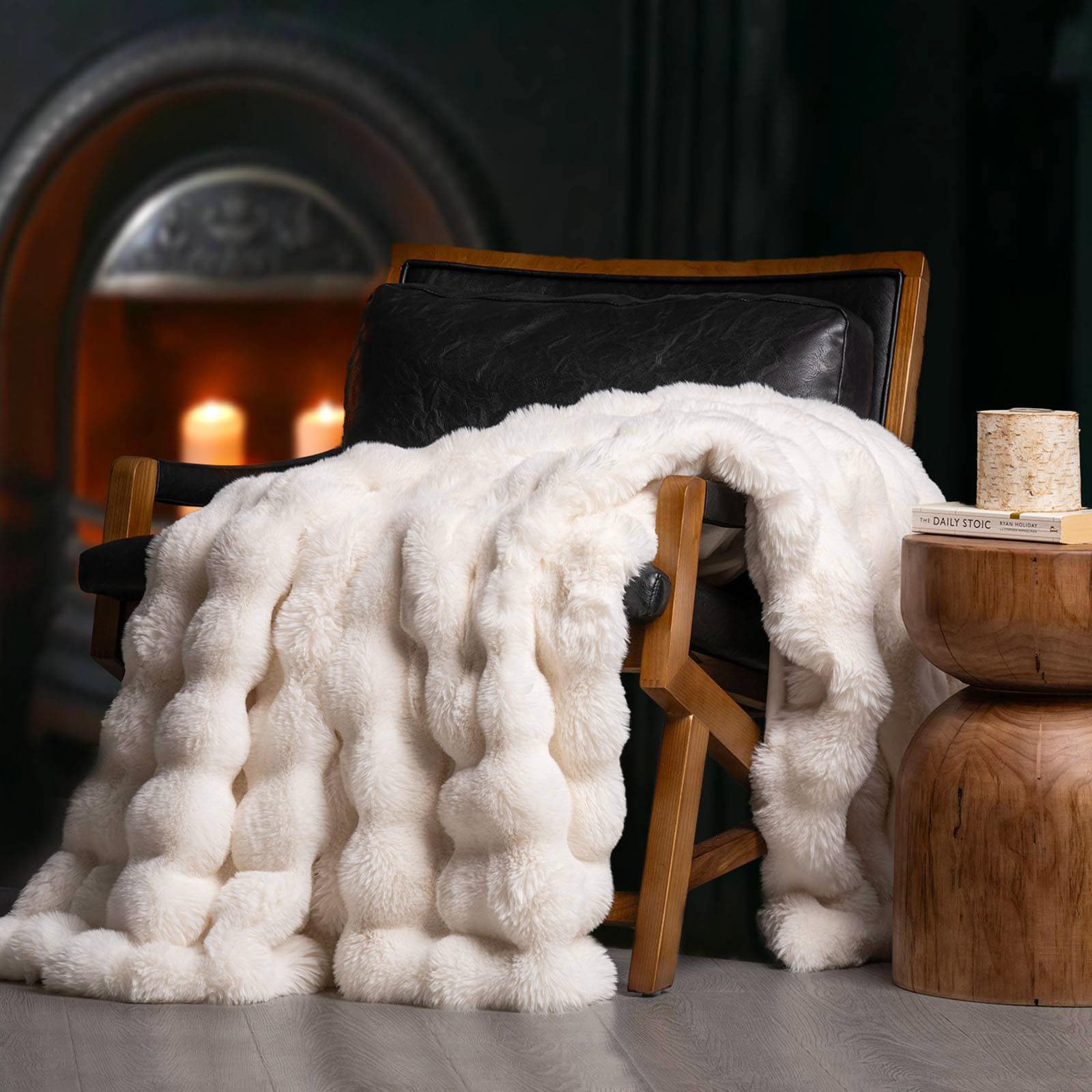 EverGrace Ridgeline faux fur throw closeup showing plush texture for cozy living rooms.