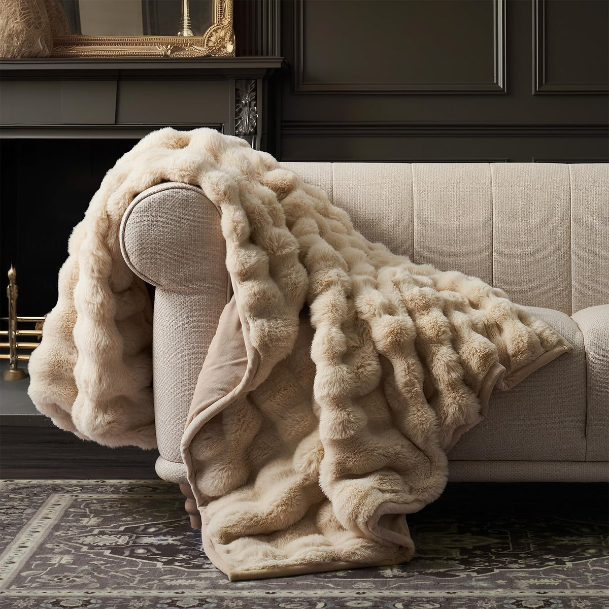 EverGrace Ridgeline faux fur throw adds marbled texture to living spaces.
