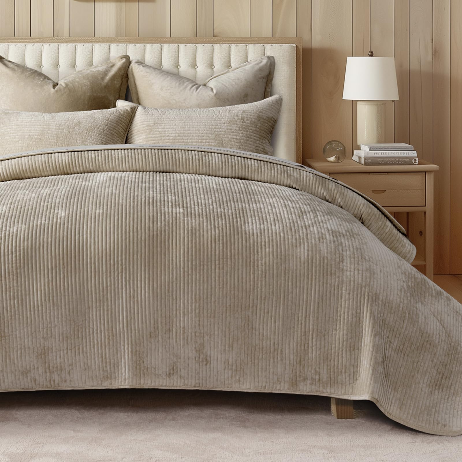 EverGrace Velvet Quilt Set King, striped channel design adds elegant bedding decor