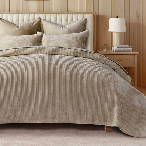 EverGrace Velvet Quilt Set King, striped channel design adds elegant bedding decor