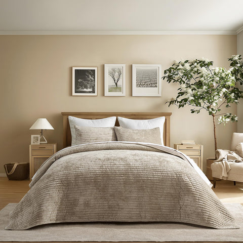 EverGrace velvet quilt set king beige taupe highlights luxe texture and versatile styling