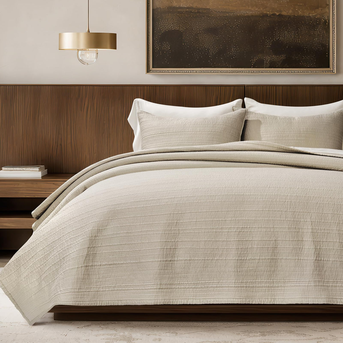 EVERGRACEHOME Channel Stitch King Quilt in parchment cover offers breathable comfort and elegant drape