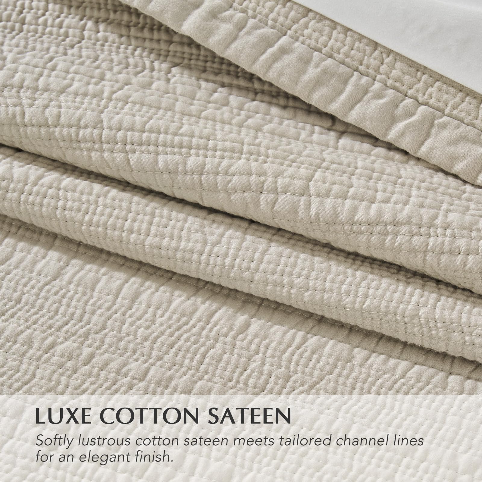 Parchement sateen finish on EVERGRACEHOME Channel Stitch King Quilt adds subtle luxury