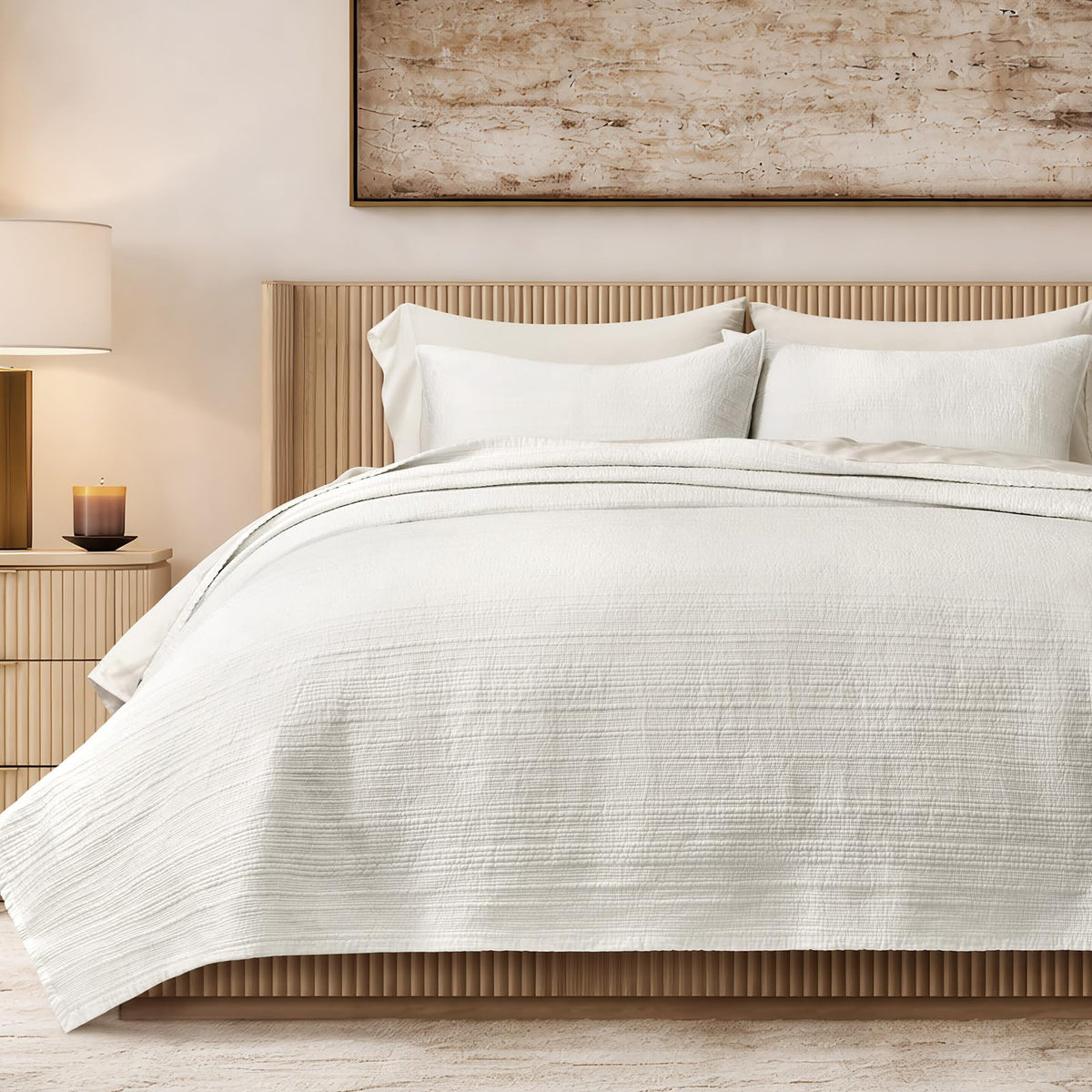 Evergracehome Channel Stitch quilt set with a polished bed display and clean lines.