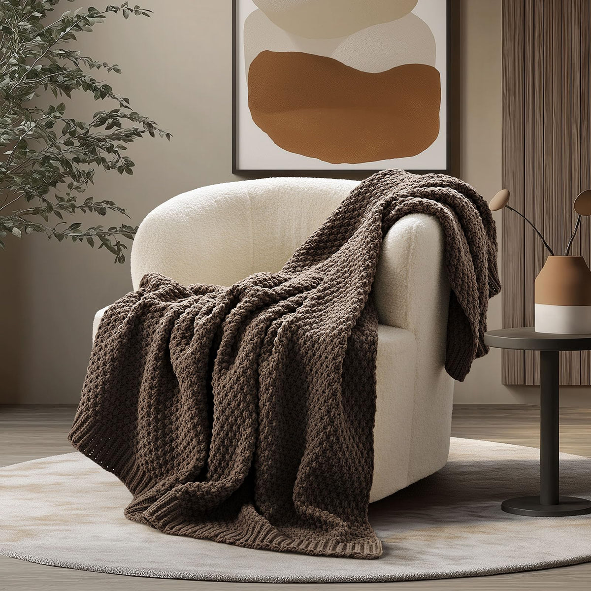 EVERGRACEHOME chunky chenille knit throw on couch showing plush texture
