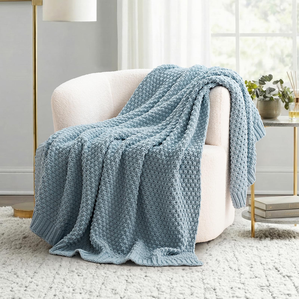 Evergracehome chunky chenille knit throw with moss stitch for sofa texture