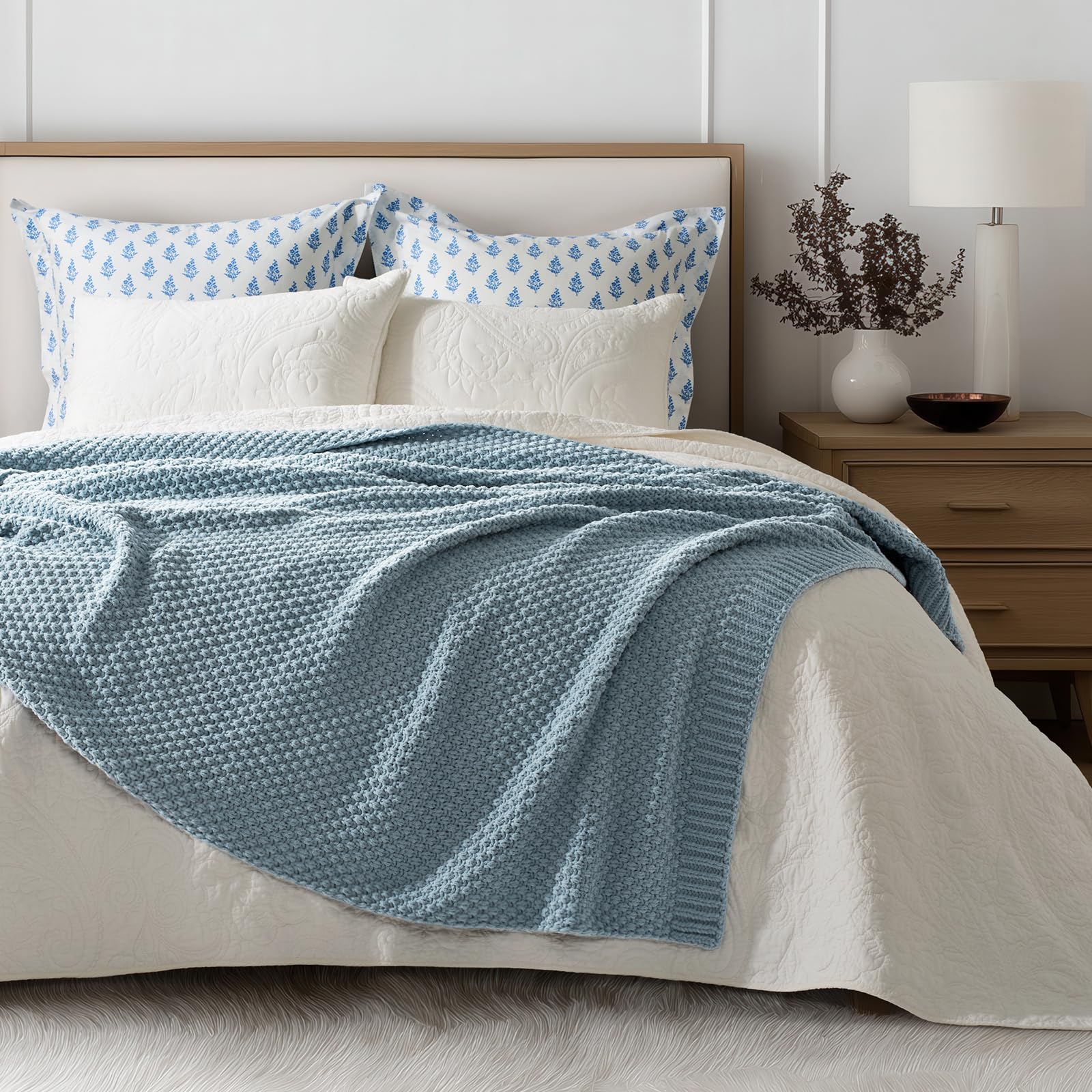Evergracehome chunky chenille knit throw draped over a chair for coziness