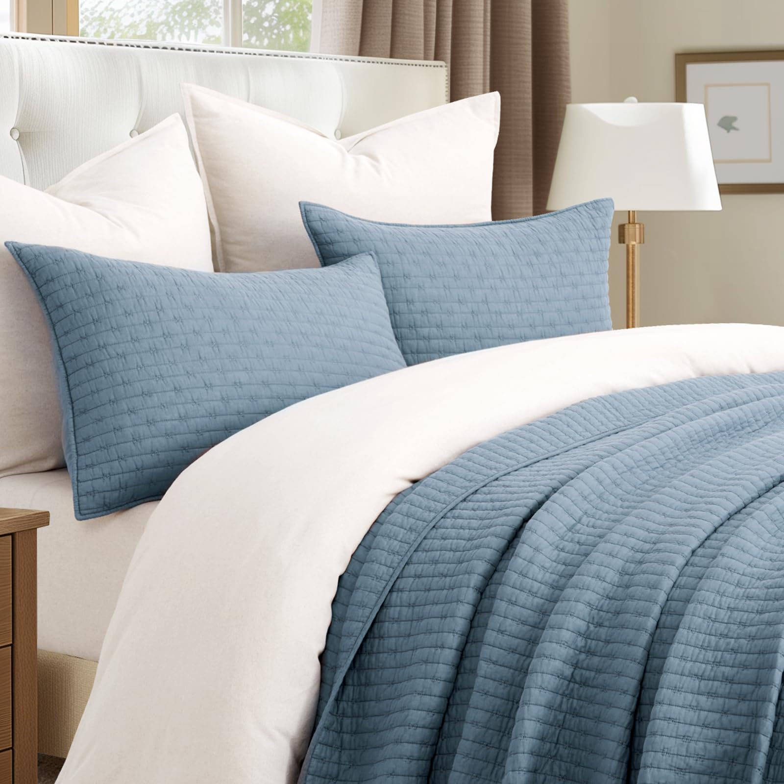 EVERGRACEHOME dusty blue quilt with two shams on bed