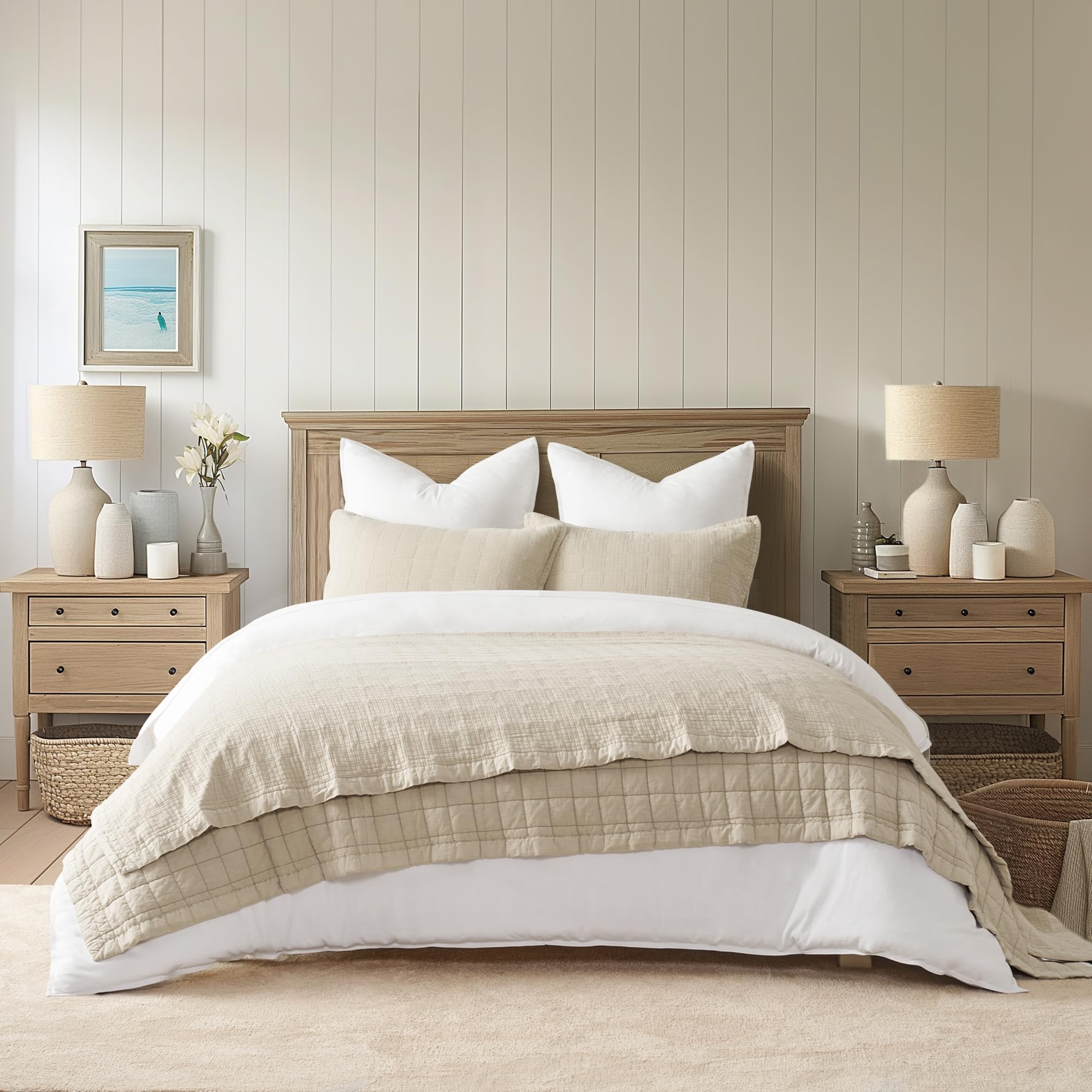 EVERGRACEHOME flax beige bedroom setup with quilt highlight
