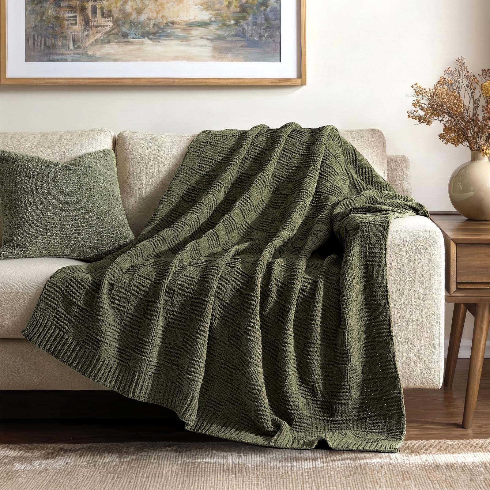 Evergracehome modern checkered chenille throw on sofa for cozy style.