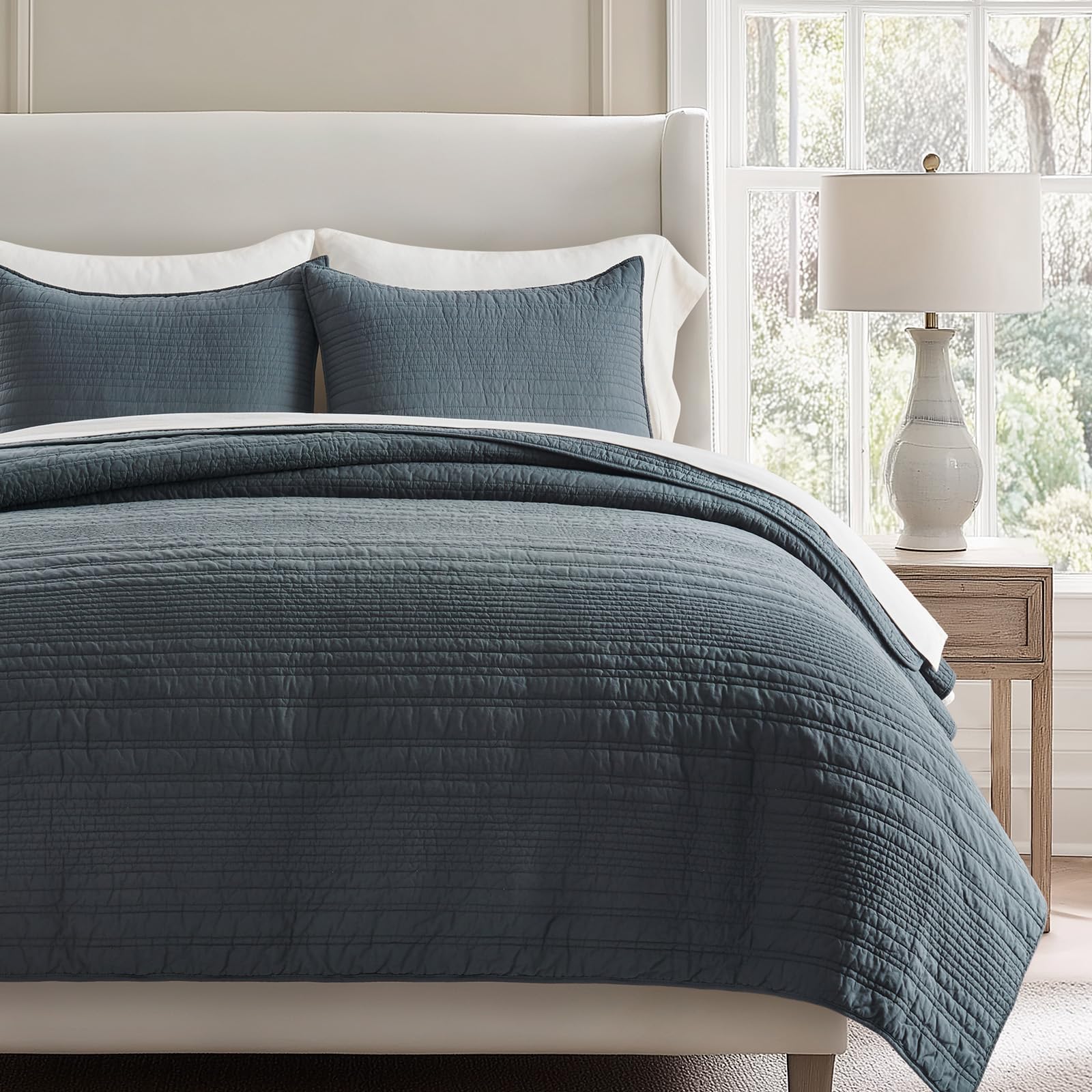 Evergracehome Modern Lines King Quilt on bed highlighting clean, contemporary style.
