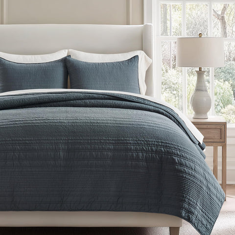 Evergracehome Modern Lines King Quilt on bed highlighting clean, contemporary style.