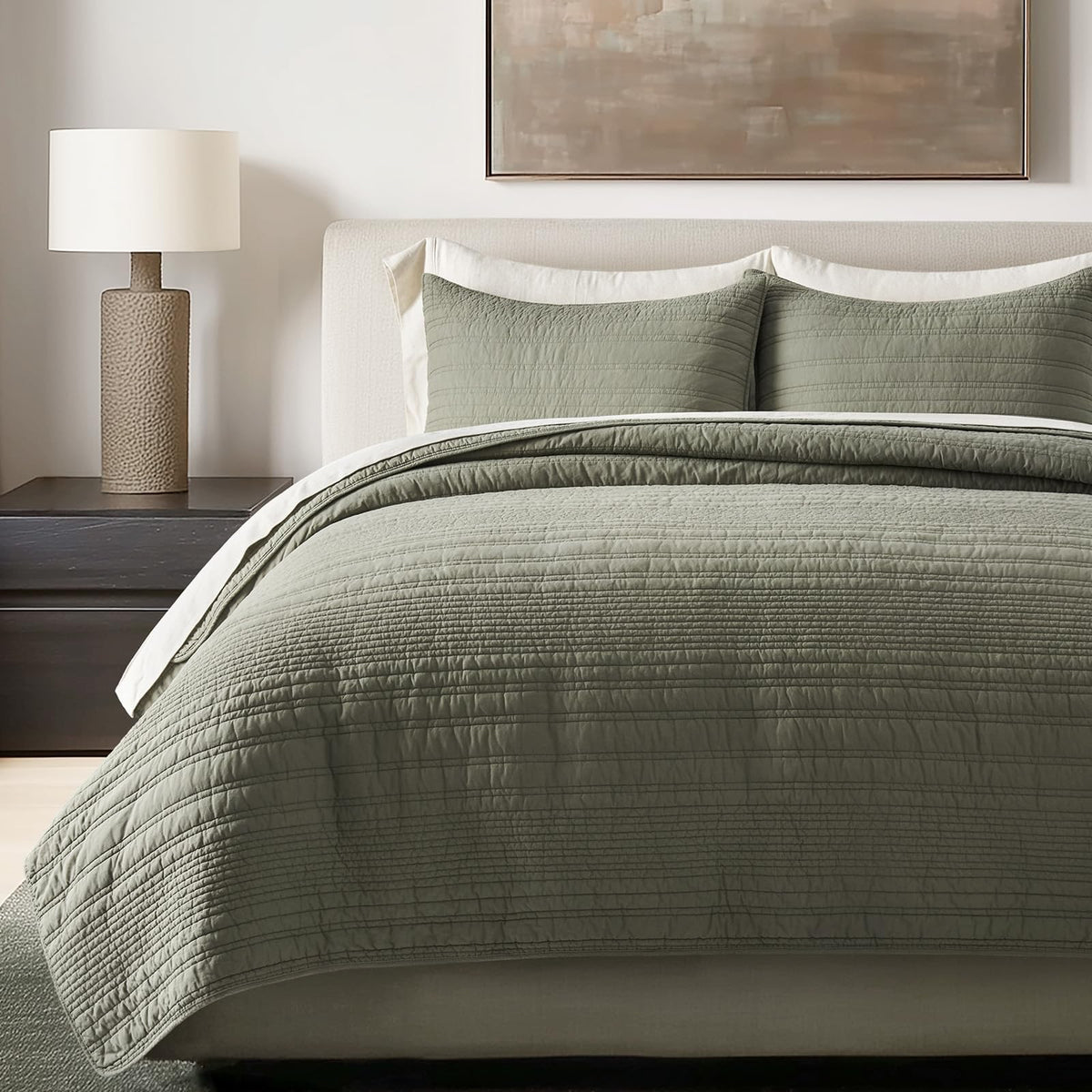 Evergracehome modern lines quilt in olive green with clean coverlet styling and soft texture