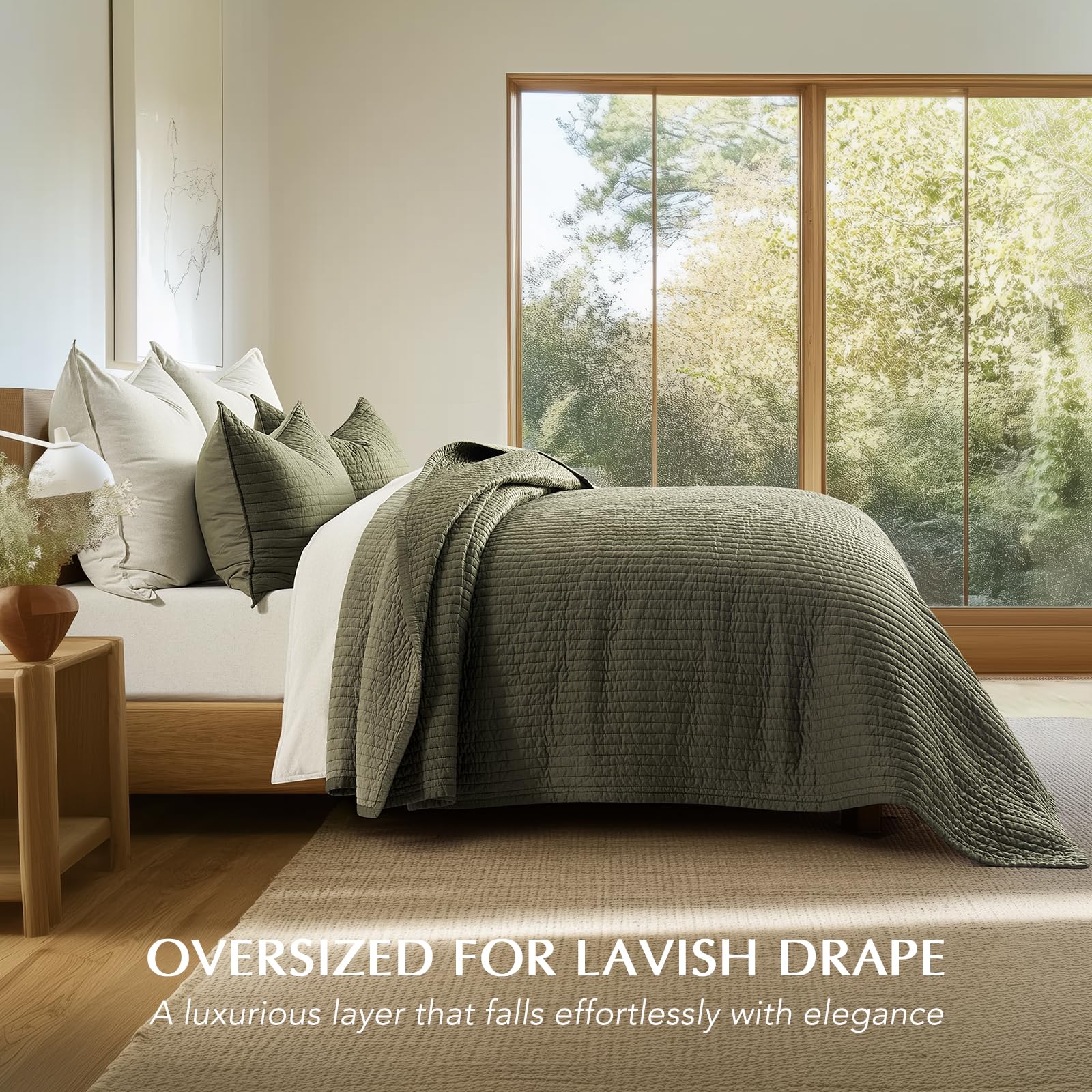 EVERGRACEHOME olive-green quilt on bed shows sateen finish and sheen